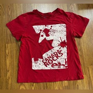 Eh! Canada boys’ medium 10/12 t-shirt, Canada Rocks, maple leaf graphic, red